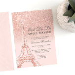 Invitación Torre Eiffel rosa oro purpurina rosa Dulce 16<br><div class="desc">Un dieciséis moderno,  moda y glamuroso dulce,  con un purpurina de oro rosa dibujado a mano temática francesa,  la Torre Eiffel,  con un degradado de color gris purpurina dorado subió,  chispas en un fondo rosa pastel editable.</div>