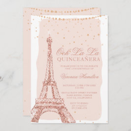 Invitación Torre Eiffel rosa oro purpurina rubor quinceanera
