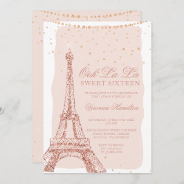Invitación Torre Eiffel rosa oro purpurina rubor Sweet 16