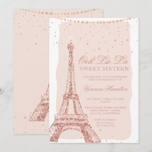 Invitación Torre Eiffel rosa oro purpurina rubor Sweet 16