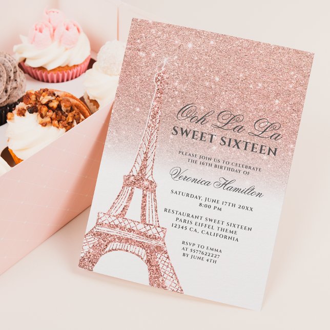 Invitación Torre Eiffel rosa purpurina de oro blanco Sweet 16 (Subido por el creador)