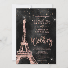 Invitación Torre Eiffel rosa purpurina de oro boda negro