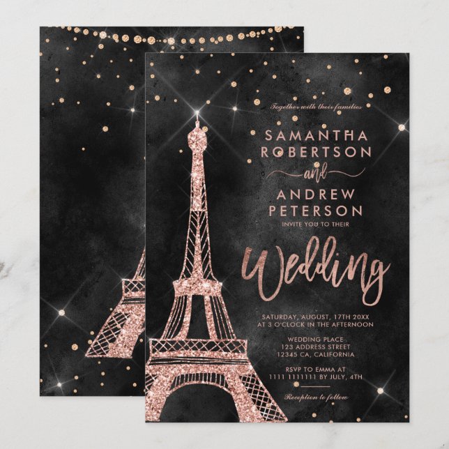 Invitación Torre Eiffel rosa purpurina de oro boda negro (Anverso / Reverso)