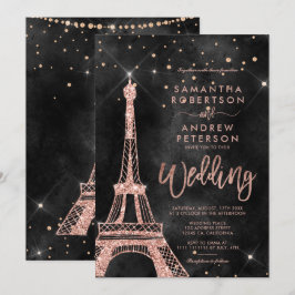 Invitación Torre Eiffel rosa purpurina de oro boda negro