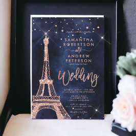 Invitación Torre Eiffel rosa purpurina oro boda azul marino