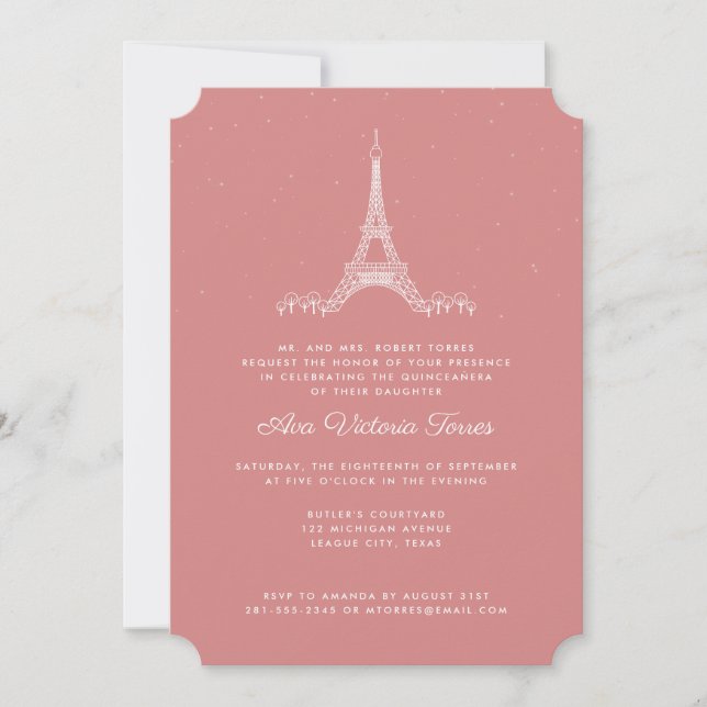 Invitación Torre Eiffel Rosa Rosa bajo las estrellas Quinceañ (Anverso)