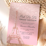 Invitación Torre Eiffel rosa rosa rosa purpurina de oro Dulce<br><div class="desc">Un dieciséis moderno,  moda y glamuroso dulce,  con un purpurina de oro rosa dibujado a mano temática francesa,  la Torre Eiffel,  con un degradado de color gris purpurina dorado subió,  chispas en un fondo rosa pastel editable.</div>