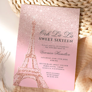 Invitación Torre Eiffel rosa rosa rosa purpurina de oro Dulce