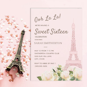 Invitación Torre Eiffel Rosa Sonrojado Blanca Floral Dulce 16
