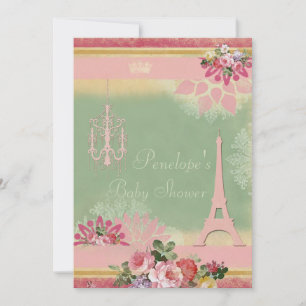 Invitación Torre Eiffel Rosa y Chica de la lámpara Baby Showe