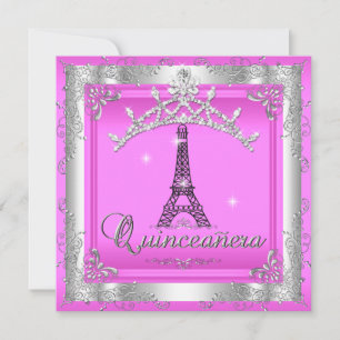 Invitación Torre Eiffel Tiara 15 Plata Rosa Quinceanera