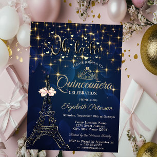 Invitación Torre Eiffel, Tiara de Lazo, Estrellas Quinceañera