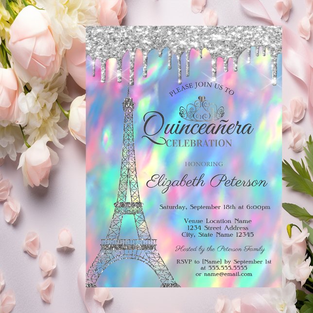 Invitación Torre Eiffel, Tiara,Dris Holographic Quinceañera (Subido por el creador)