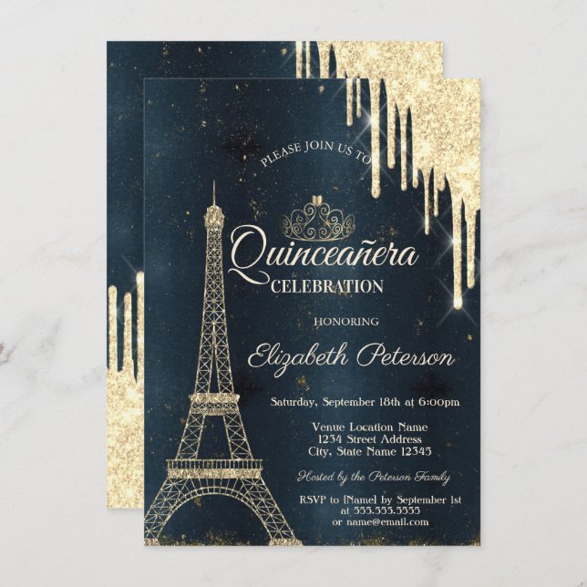 Invitación Torre Eiffel, Tiara, Dris Quinceañera azul oscuro (Anverso / Reverso)