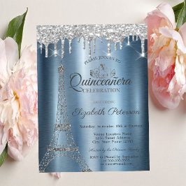 Invitación Torre Eiffel, Tiara,Dris Quinceañera metálica azul