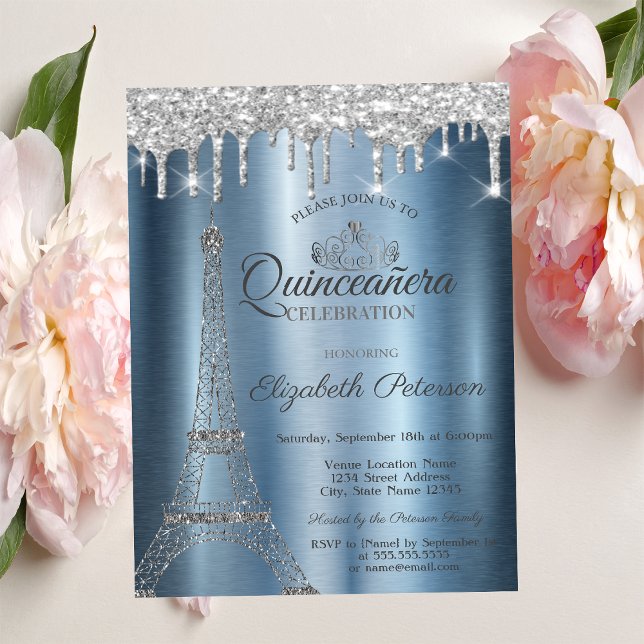 Invitación Torre Eiffel, Tiara,Dris Quinceañera metálica azul (Subido por el creador)