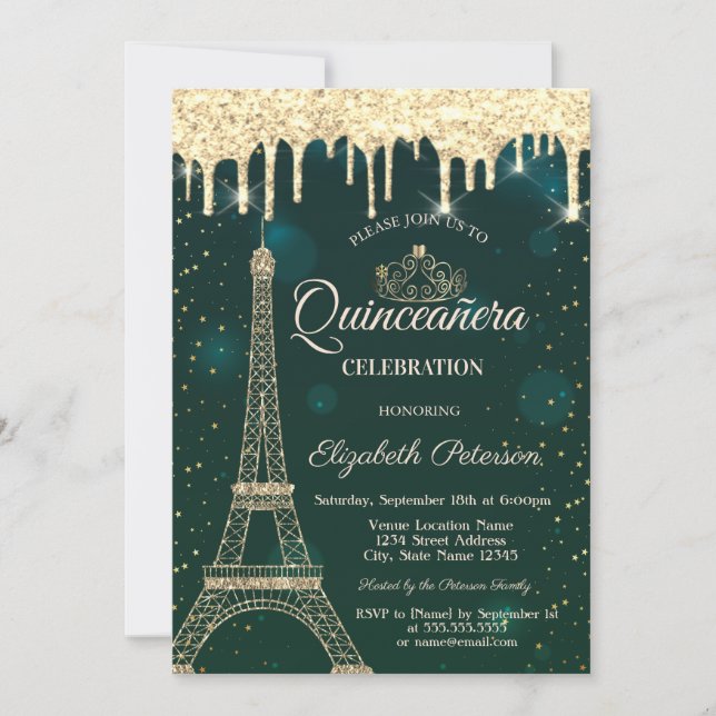 Invitación Torre Eiffel, Tiara, Dris Quinceañera Verde (Anverso)