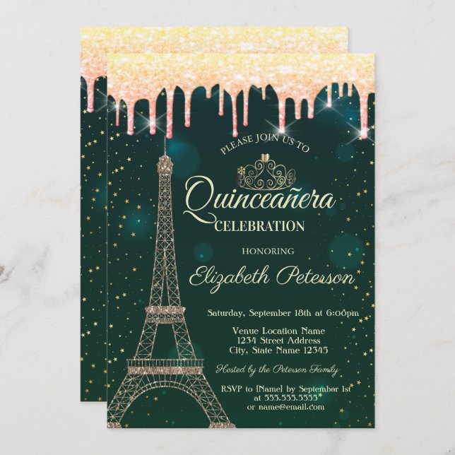 Invitación Torre Eiffel, Tiara, Dris Quinceañera Verde (Anverso / Reverso)