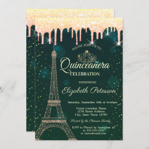Invitación Torre Eiffel, Tiara, Dris Quinceañera Verde