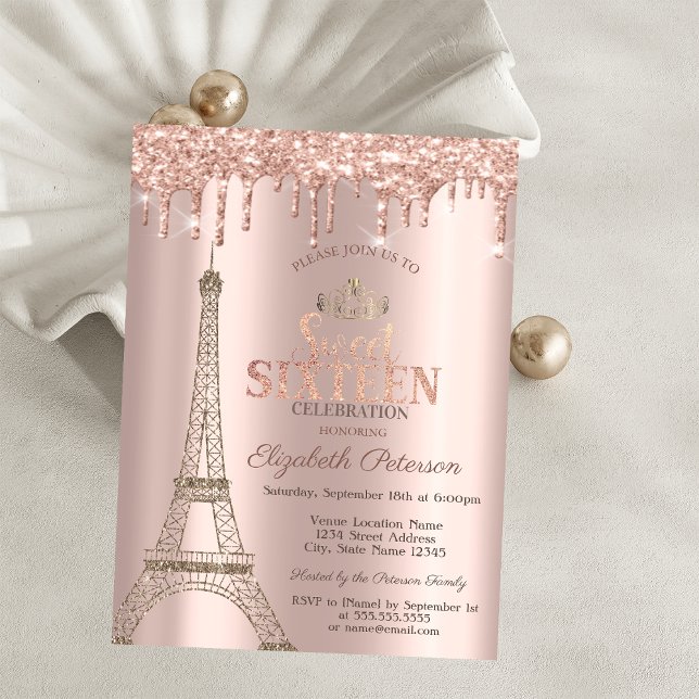 Invitación Torre Eiffel, Tiara,Dulce de oro Rosa 16 (Subido por el creador)