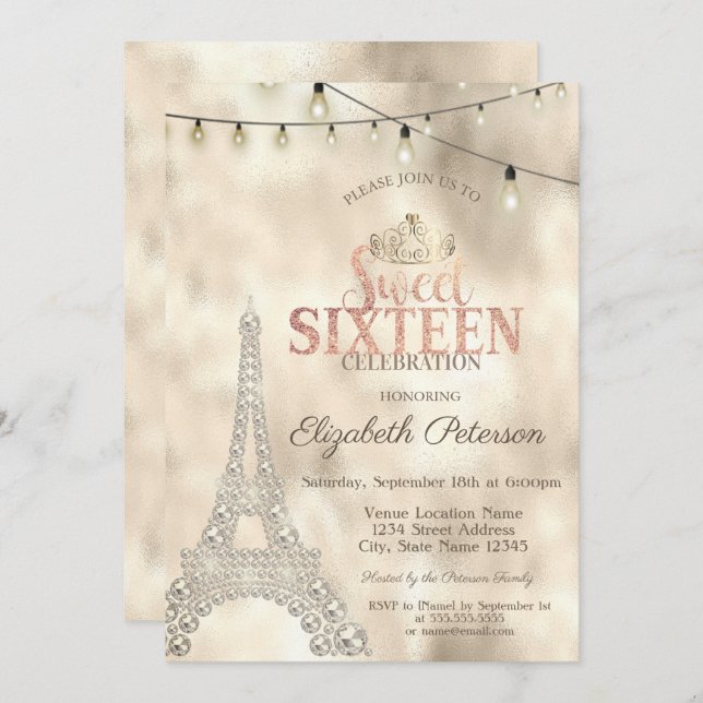 Invitación Torre Eiffel, Tiara Gold Lights Sweet 16 (Anverso / Reverso)