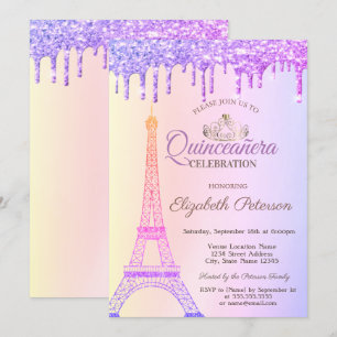 Invitación Torre Eiffel,Tiara,Gotas Ombre Quinceañera