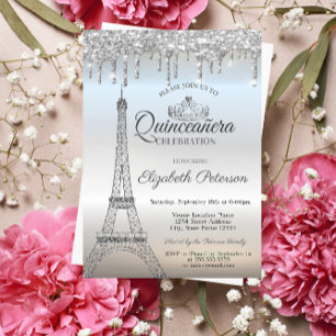 Invitación Torre Eiffel,Tiara,Gotas Quinceañera de Plata