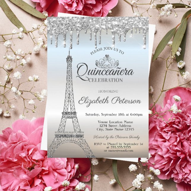 Invitación Torre Eiffel,Tiara,Gotas Quinceañera de Plata (Subido por el creador)