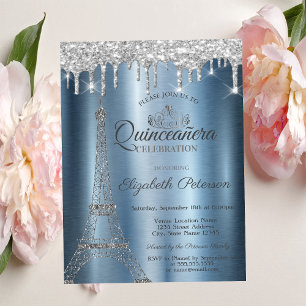 Invitación Torre Eiffel,Tiara,Gotea Azul Metálico Quinceañera