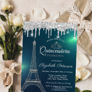 Invitación Torre Eiffel,Tiara,Gotea Verde Quinceañera