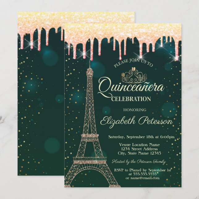 Invitación Torre Eiffel,Tiara,Gotea Verde Quinceañera  (Anverso / Reverso)