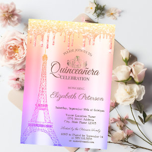 Invitación Torre Eiffel,Tiara,Goteo Ombre Quinceañera