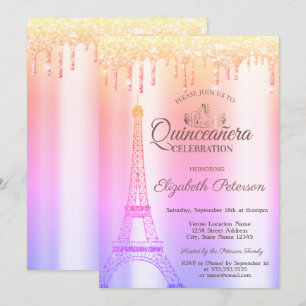 Invitación Torre Eiffel,Tiara,Goteo Ombre Quinceañera