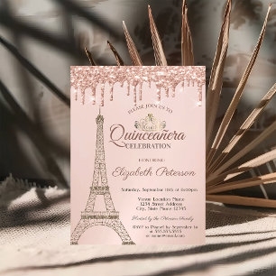 Invitación Torre Eiffel, Tiara, Gotitas de Rosa Dorado Quince