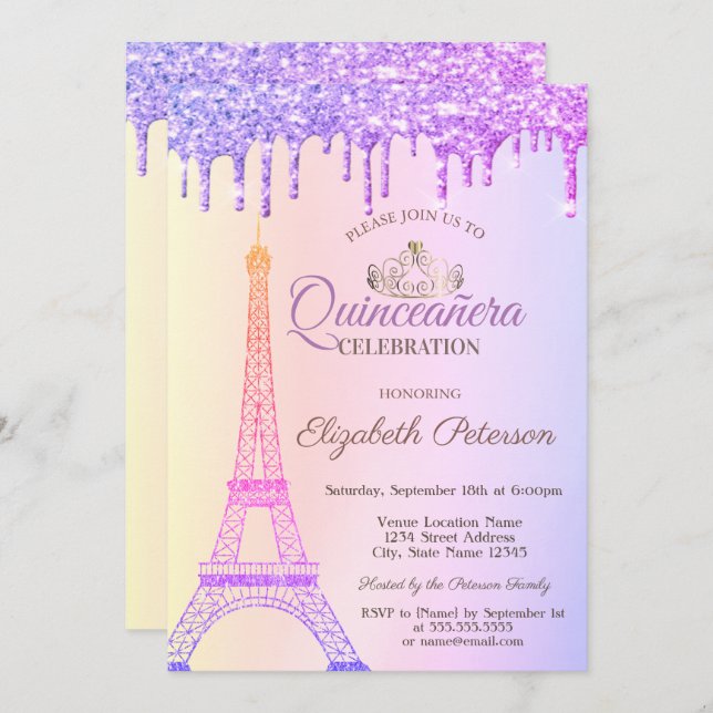Invitación Torre Eiffel, Tiara, Ombre Drin Quinceañera (Anverso / Reverso)