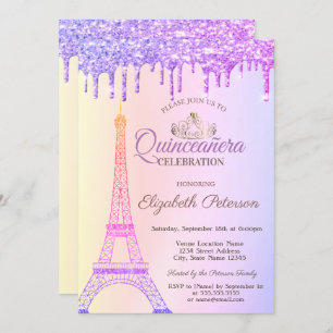 Invitación Torre Eiffel, Tiara, Ombre Drin Quinceañera