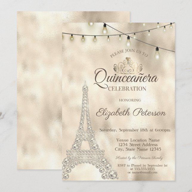 Invitación Torre Eiffel, Tiara Quinceañera Dorada (Anverso / Reverso)