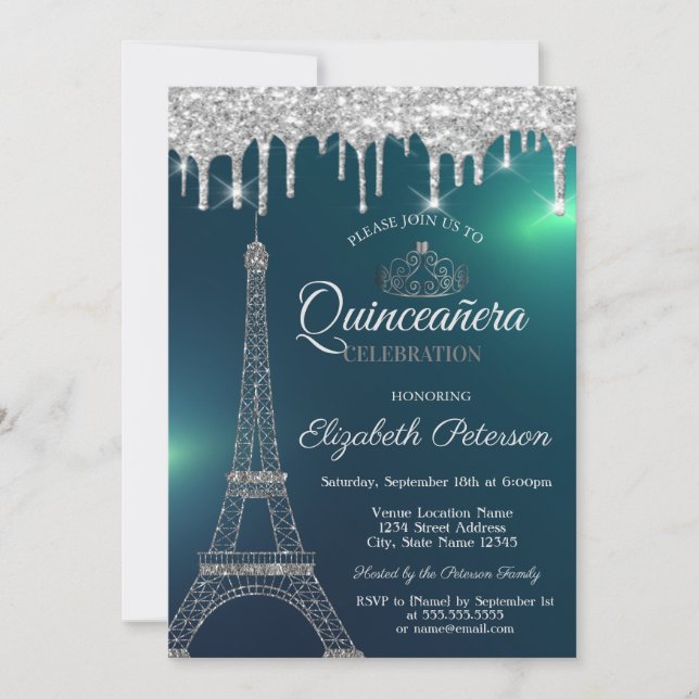 Invitación Torre Eiffel,Tiara,Quinceañera Verde Gotea (Anverso)
