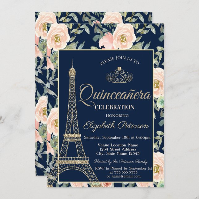 Invitación Torre Eiffel, Tiara, Rosa Azul Quinceañera (Anverso / Reverso)