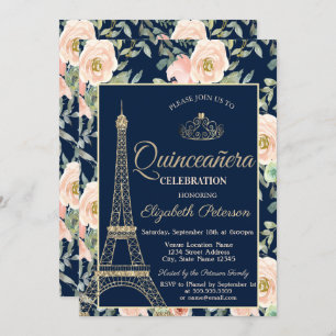 Invitación Torre Eiffel, Tiara, Rosa Azul Quinceañera