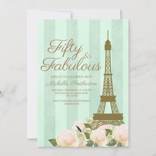 Invitación Torre Eiffel verde menta dorada Cumpleaños 50 (Anverso)
