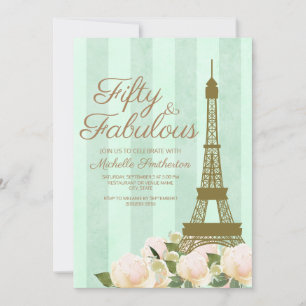 Invitación Torre Eiffel verde menta dorada Cumpleaños 50