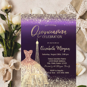 Invitación Torre Eiffel Vestido Confetti Púrpura Quinceanera