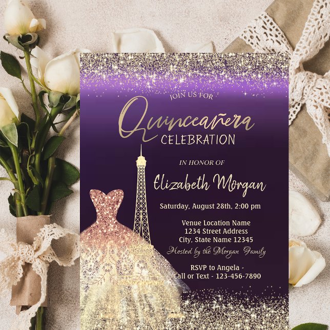 Invitación Torre Eiffel Vestido Confetti Púrpura Quinceanera (Subido por el creador)