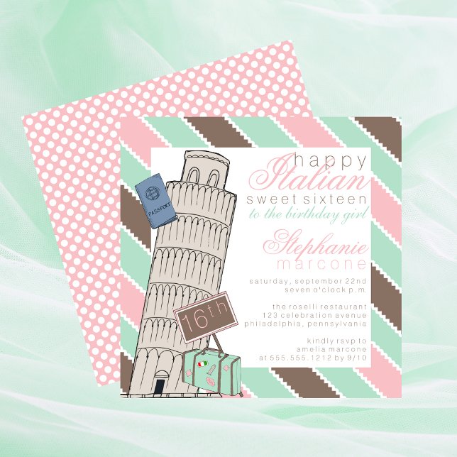 Invitación Torre italiana inclinada por Spumoni dulce 16 cump (Italian Spumoni Leaning Tower of Pisa Sweet 16 Travel Destination Birthday Invitation)