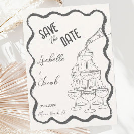 Invitación Torre retro de champán blanco y negro salva la fec