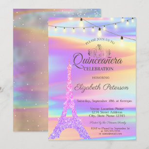Invitación Torres de Eiffel Brillo Chic Holográficas para Qui