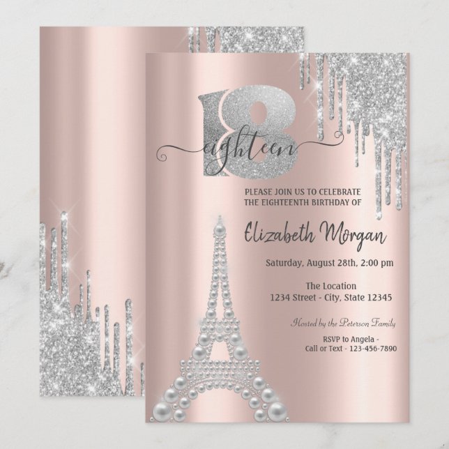 Invitación Torres Eiffel con gotas de purpurina plateada Cump (Anverso / Reverso)