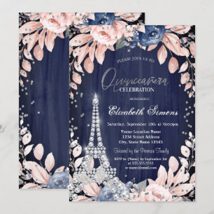 Invitación Torres Eiffel Diamantes Rosas Azules Marinos Quinc
