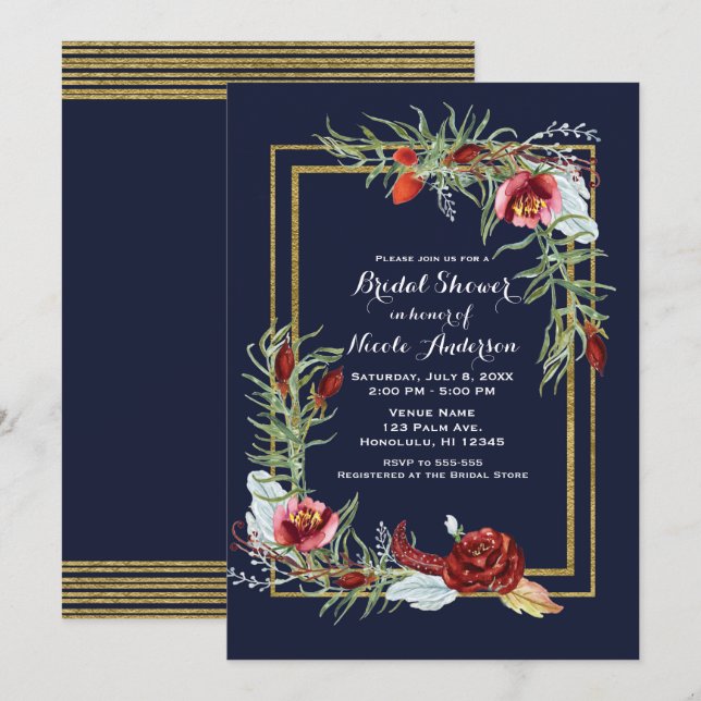 Invitación Tórrido Otoño Marsala Floral Azul Marino Dorado De (Anverso / Reverso)